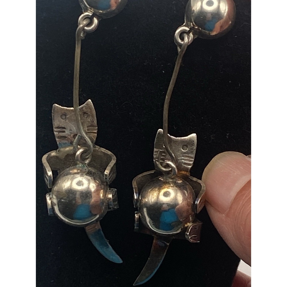 Sterling Silver 925 Mexico Dangle Cat With Ball Earrings